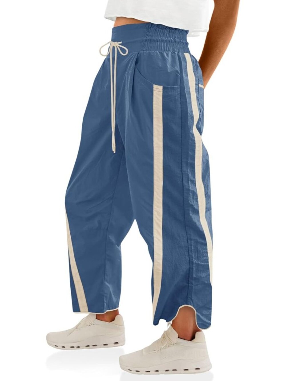 Women's Blue High Rise Baggy Wide Leg Pants Casual Drawstring Elastic Waisted